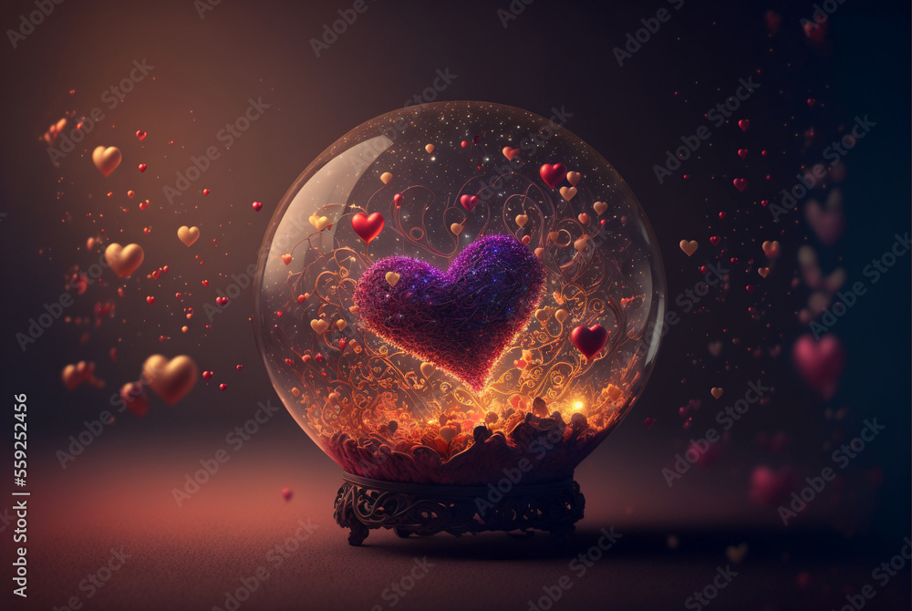 Heart Shape made of magical glass ball and gifts for Valentine's Day, Generative ai. - obrazy, fototapety, plakaty 