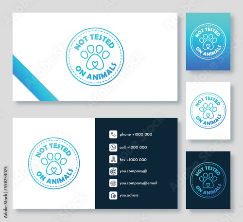 Ecology business card set. Not tested on animals, vegan products and respect for nature. Activists and volunteers. Template and layout. Cartoon flat vector illustrations isolated on grey background