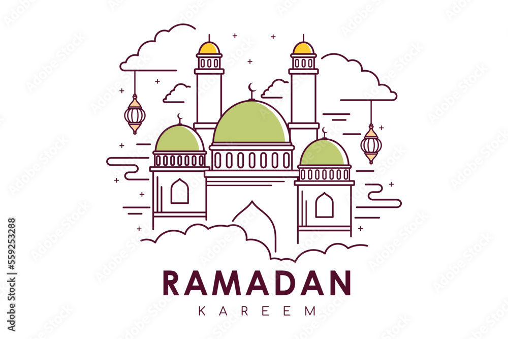 Islamic decoration background with mosque and lantern, ramadan kareem haris style design