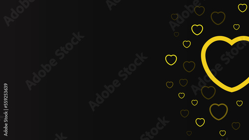 Dark black simple modern background with a lot of contrast love heart icon in gradient yellow, available copy space area, suitable for happy valentine day promo, quote, presentation, sale, celebration