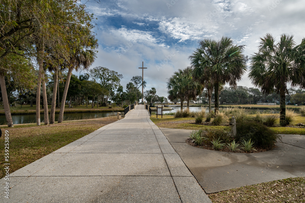 Concrete walking path at the grounds of the Mission Nombre de Dios in St. Augustine, Florida