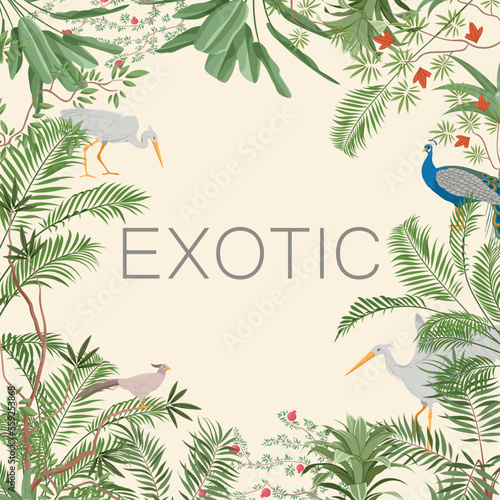 Exotic chinoiserie greeting card. Tropical foliage and birds, Asian style. Flora and fauna, wild life. Aesthetics and elegance. Poster or banner for website. Cartoon flat vector illustration