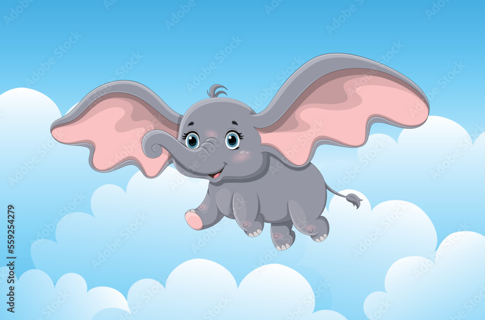 Flying elephant in sky. Fantasy and imagination, animal with large gray