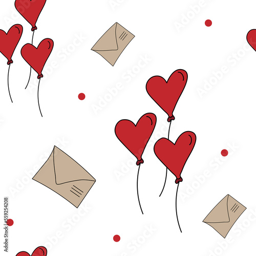 Vector. Seamless pattern with hand drawn envelope and heart shaped balloons. Cartoon background for Valentine's Day, Birthday, women's day and wedding design. Postcards, invitations, packaging.