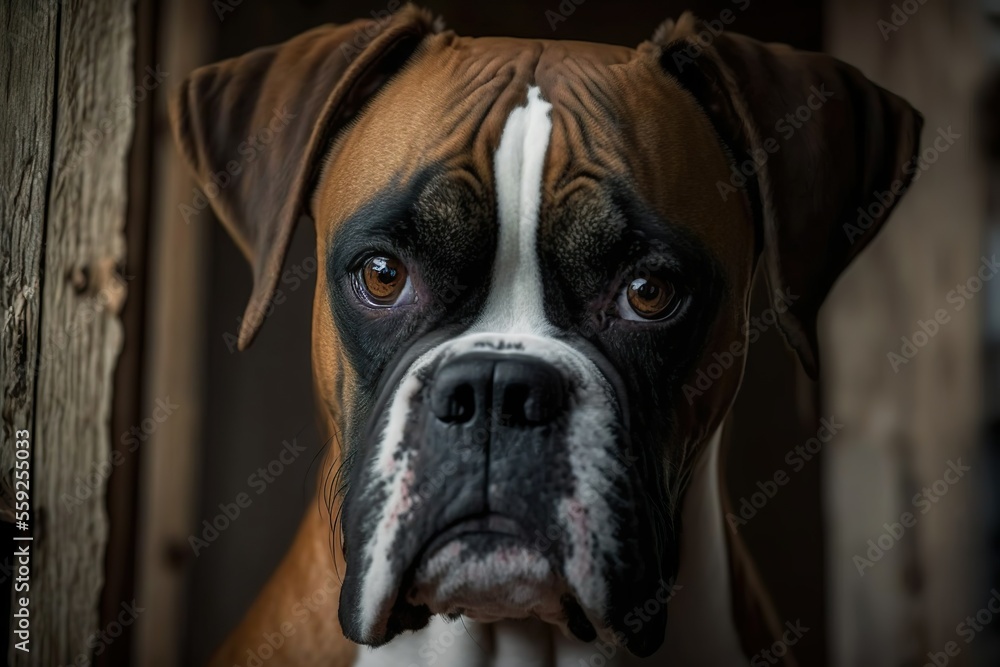 A portrait of a Boxer at the studio. Confident and curious expression. 