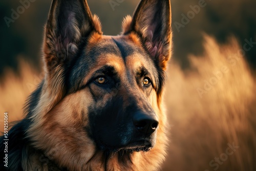 A portrait of a German Shepherd outdoors. Alert and mysterious look.