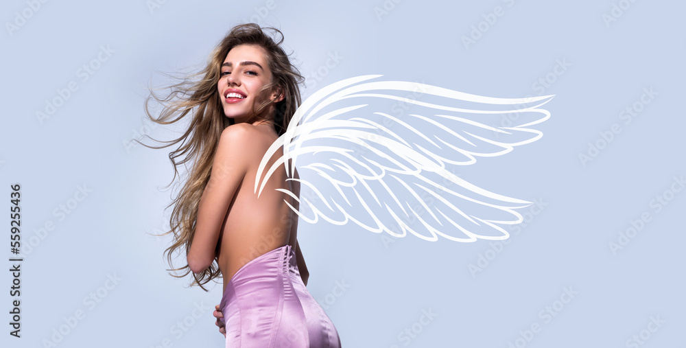 Valentines day banner of sexy woman angel with wings. Beautiful sensual woman fashion model. Sexy female posing in studio. Valentines day banner of sexy woman angel with wings. Beautiful sensual woman fashion model. Sexy female posing in studio.