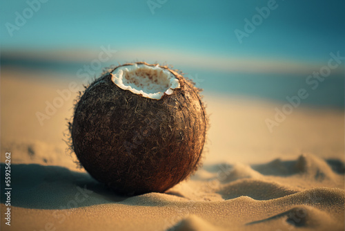 Fresh coconut tropical fruit on the beach sand with blue sky and sea background, vacation and summer concept. AI generated illustration.