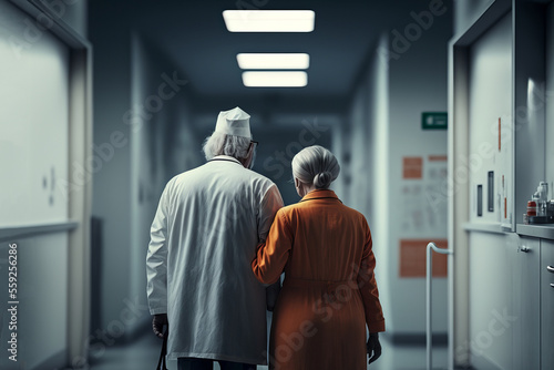 Elderly couple in hospital walking together in hallways, health care and medical treatment for old people, senior pensioner or patient in clinic. AI generated illustration.