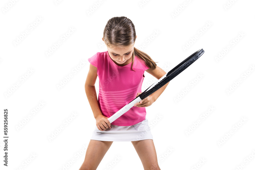 Young female tennis player in pink outfit. Little girl posing with racket and ball isolated on white background. Young female tennis player in pink outfit. Little girl posing with racket and ball isolated on white background.