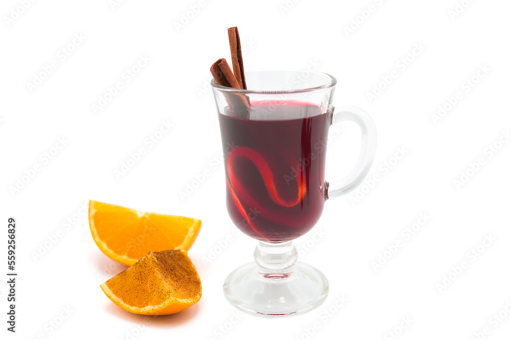 Hot mulled wine for winter with spices isolated on white background. Closeup. Copy space. Hot mulled wine for winter with spices isolated on white background. Closeup. Copy space.