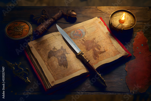 A map on a medieval tabletop with a sword and several gold coins, and a book