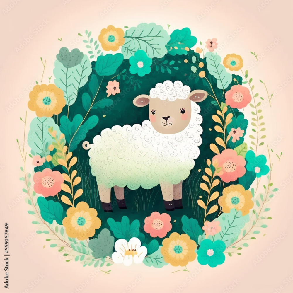 Naklejka premium sheep with a bunch of flowers