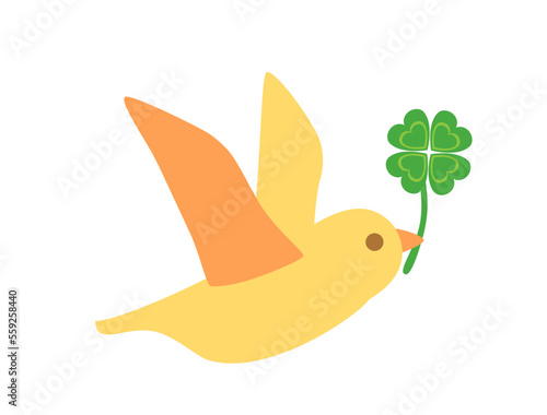 クローバーをくわえた鳥のイラスト