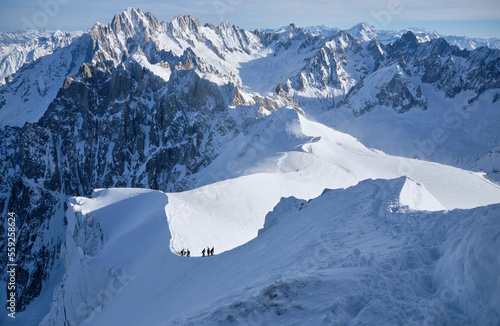 Grand Jorasses and freeriders, extreme ski, Aiguille du Midi, French Alps