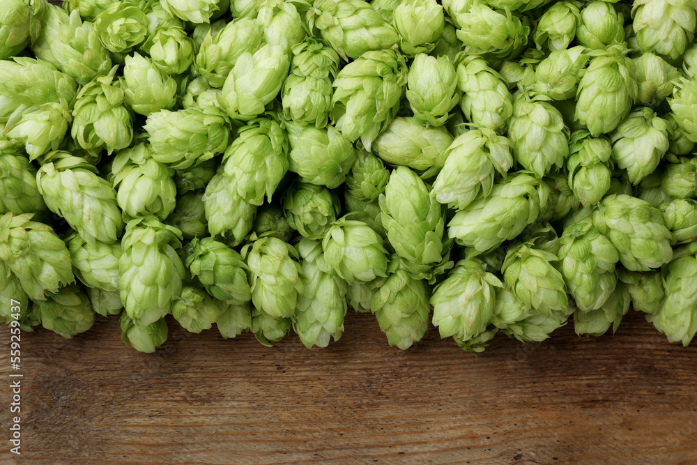 Fresh green hops on wooden table, top view. Space for text Fresh green hops on wooden table, top view. Space for text