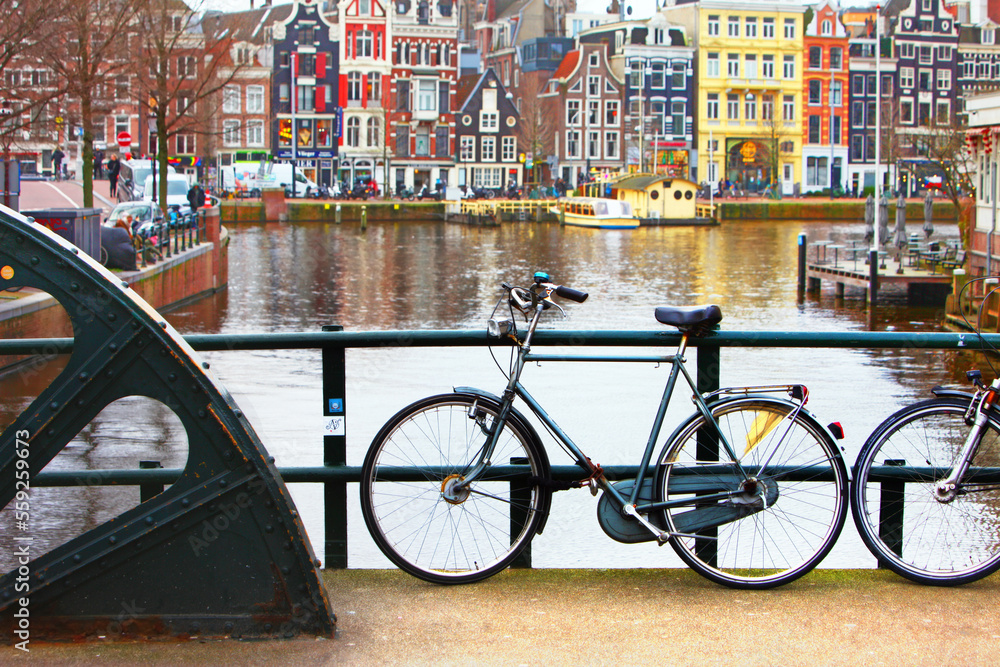 Amsterdam symbols, bike, canals, colorfoul houses, Netherlands
