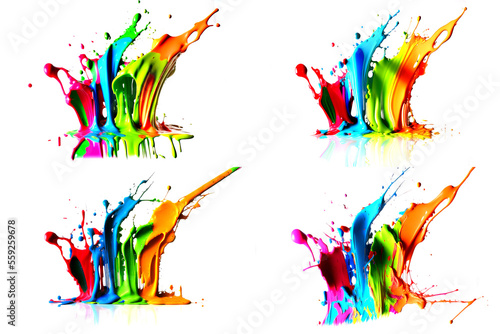 4 Colorful Ink paint splash brushes. splatter paint splattered spray. Spray paint isolated on White Background. Drips ink splatters  Inkblots set.
