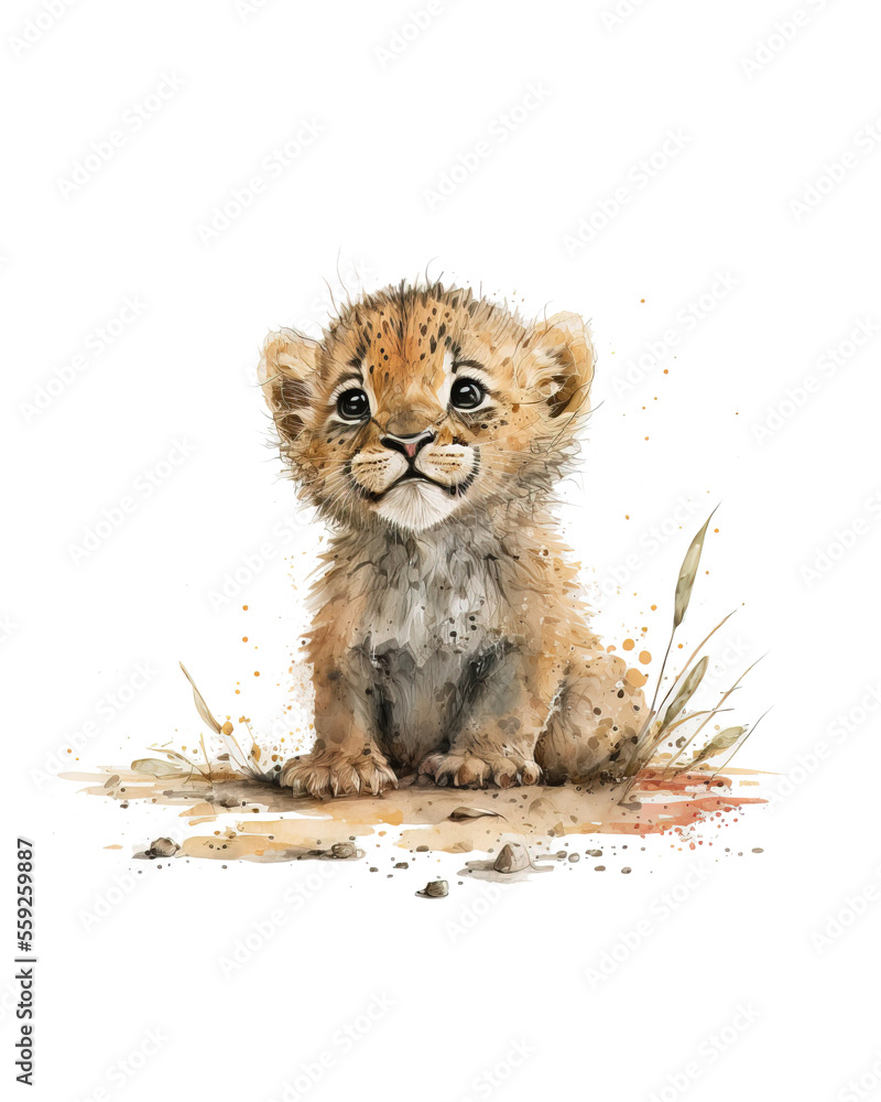 Obraz premium Cute baby lion cub sitting on a dirt patch. Generative AI.