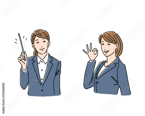 説明をするビジネスパーソンの女性　OKポーズ　スーツ　人物イラスト