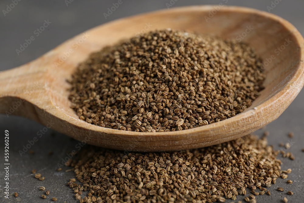 Spoon of celery seeds on grey table, closeup Spoon of celery seeds on grey table, closeup