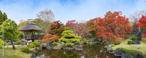 青空バックに見るカラフルな紅葉に包まれた日本庭園のパノラマ情景＠兵庫