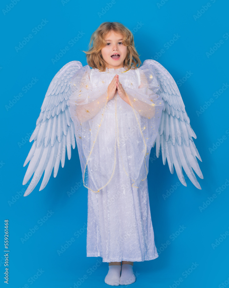 Angel prayer. Angel child. Isolated studio shot. Cute kid with angel wings. Cupid, valentines day concept. Angel prayer. Angel child. Isolated studio shot. Cute kid with angel wings. Cupid, valentines day concept.