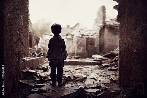 Fototapeta Antiwar concept background rear view of ruined and broken house or school with children suffer from destruction of war in splendid digital art generative AI