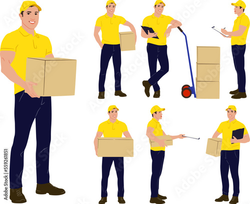 Set of hand-drawn warehouse workers with the package. Delivery guy is holding a cardboard box worker in different poses. Vector flat style illustration isolated on white. Full-length view	