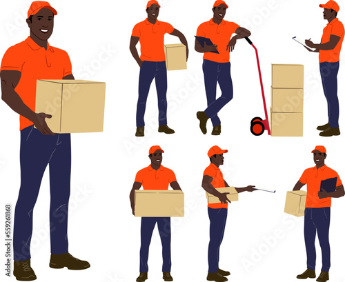 Set of hand-drawn African American warehouse workers with the package. Delivery guy is holding a cardboard box in different poses. Vector flat style illustration isolated on white. Full-length view	