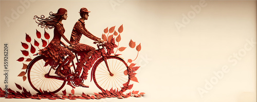 couple made of red leaves sitting on a bicycle, bike, copy space, generative ai