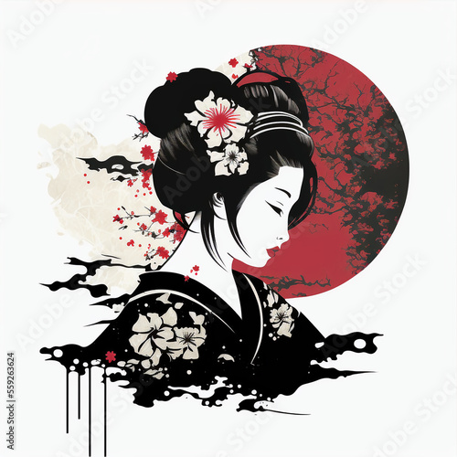 Geisha vector illustration for logo, tattoo idea or design. Japan tradition. Generative AI.
 photo