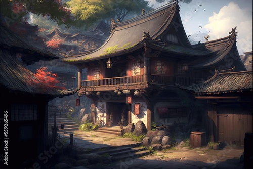 Fantasy Japanese Village Background, Concept Art, Digital Illustration, Generative AI