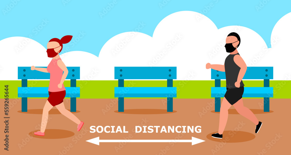People jogging in park. Exercise to stay healthy. Social distancing concept. Vector illustration.
