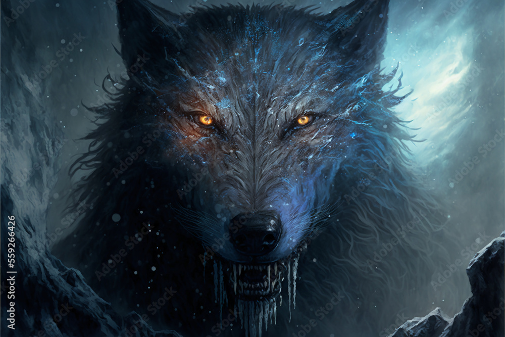 Fenrir, a giant wolf. Monster or demon wolf. Generative AI. Stock