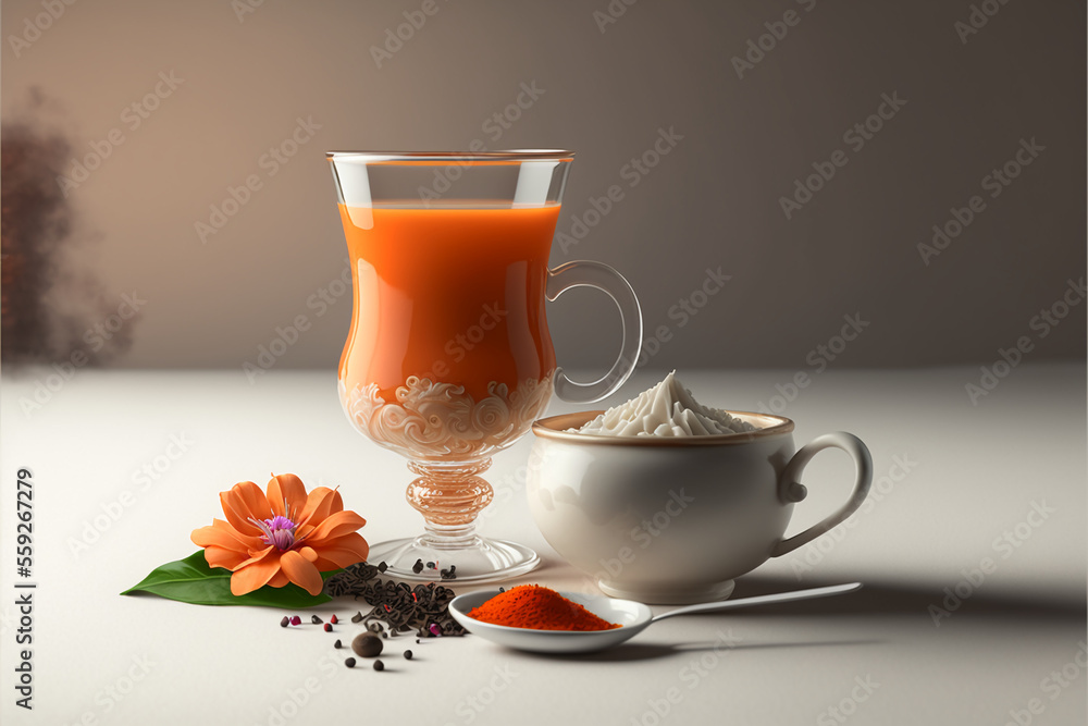 Thai tea or thai drink, made from milk, sugar and Ceylon. Generative AI. - obrazy, fototapety, plakaty 
