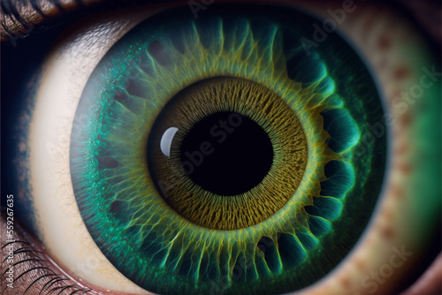 Dilated pupil of a human eye. Generative AI. photo