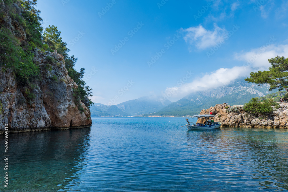  Mediterranean sea landscape in Antalya region, Turley. Antalya is a popular resort area in Turkey.	