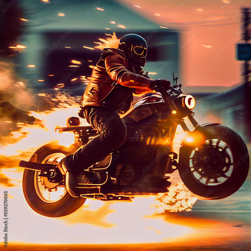 Biker riding classic motorbike on fire, epic chopper or scrambler motorcycle