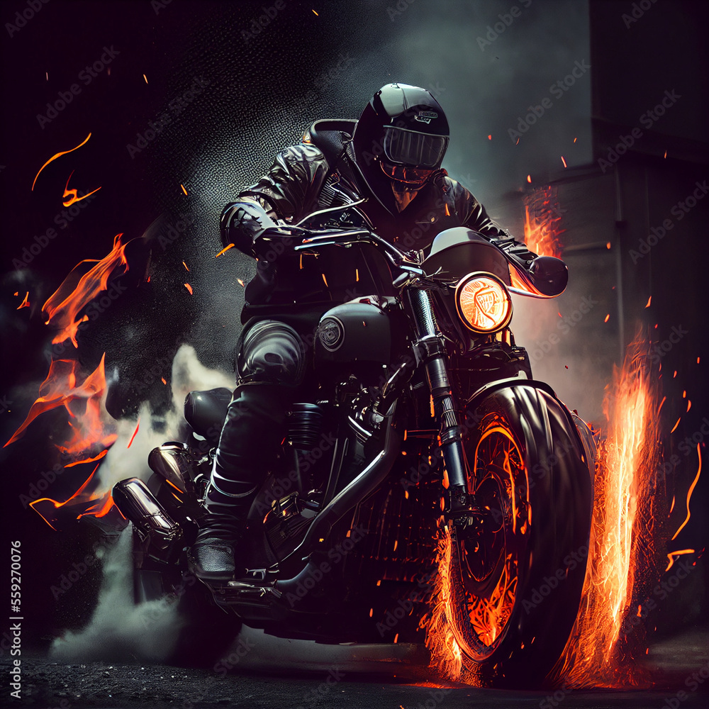 Biker riding classic motorbike on fire, epic chopper or scrambler motorcycle