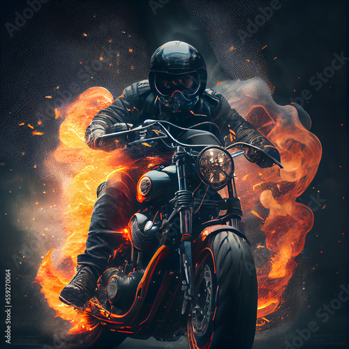 Fényképezés Biker riding classic motorbike on fire, epic chopper or scrambler motorcycle