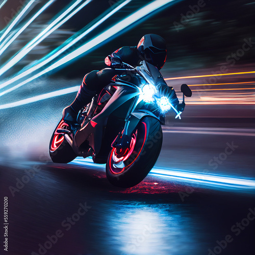 Stunning photo of biker motorcyclist driving sportbike with neon lights photo