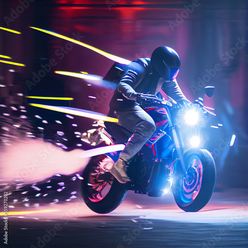 Stunning photo of biker motorcyclist driving sportbike with neon lights
