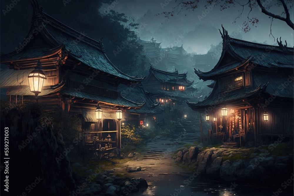 Fantasy Japanese Village at Night, Concept Art, Digital Illustration, Generative AI