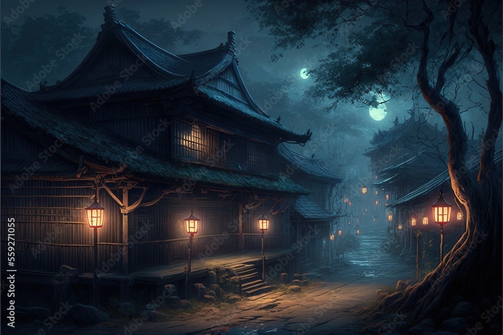 Fantasy Japanese Village at Night, Concept Art, Digital Illustration, Generative AI