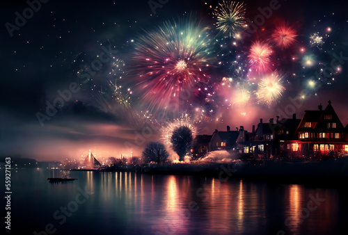 fireworks over a fictitious place with houses directly at the sea or lake. Generative AI © wetzkaz