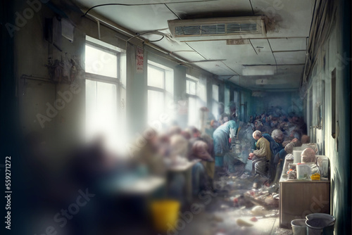 an old and run down hospital, a hallway of a hospital with a lot of garbage and old items, bright sunlight shining through the windows into the dark room. Generative AI © wetzkaz