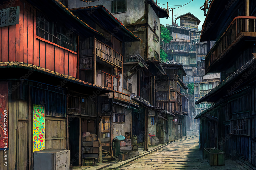 アニメ映画風の街や施設の背景のイラスト(AI generated image)