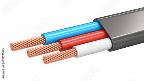 Close-up of a three-core electrical cable. Colored stripped copper wires on white background. 3d illustration