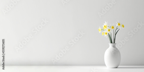 White daffodils in a vase on a wooden table. Front view. Place for text, copy space, mockup. Generative AI
